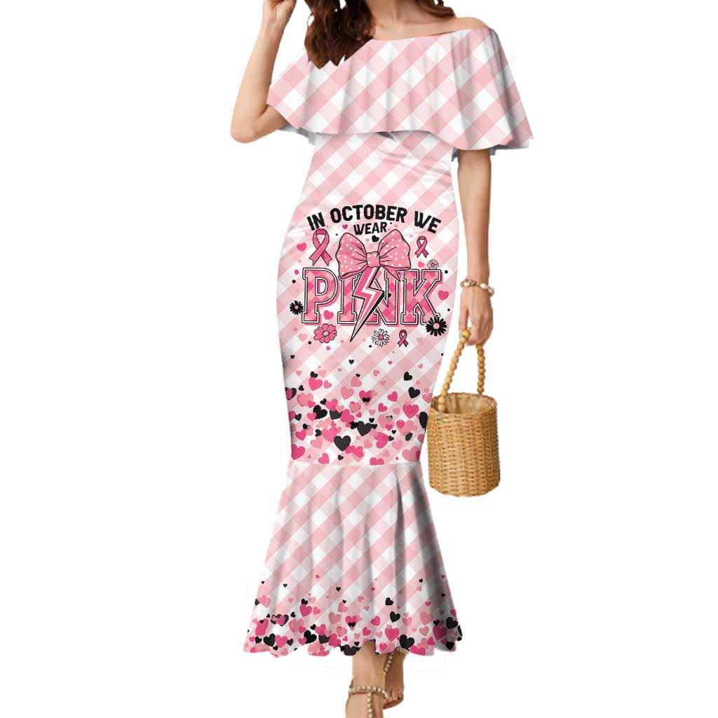 Personalized In October We Wear Pink Mermaid Dress Pink Pretty Bow Pastel Gingham - Wonder Print Shop