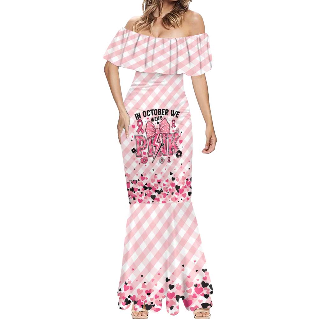 Personalized In October We Wear Pink Mermaid Dress Pink Pretty Bow Pastel Gingham - Wonder Print Shop