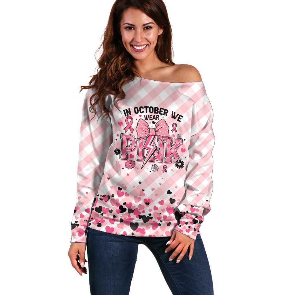 Personalized In October We Wear Pink Off Shoulder Sweater Pink Pretty Bow Pastel Gingham - Wonder Print Shop