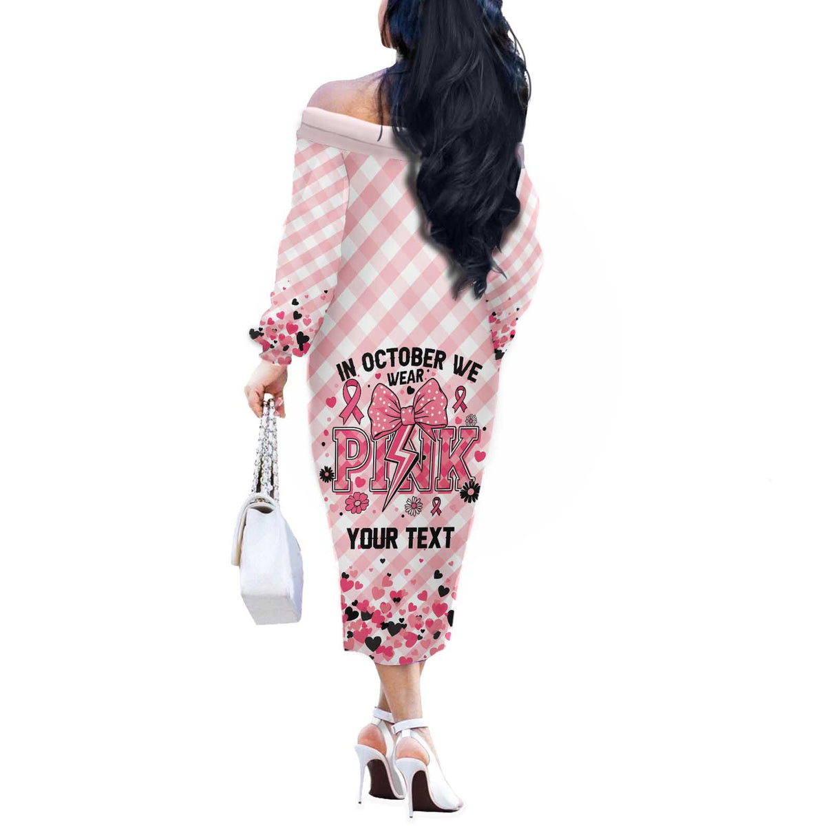Personalized In October We Wear Pink Off The Shoulder Long Sleeve Dress Pink Pretty Bow Pastel Gingham - Wonder Print Shop