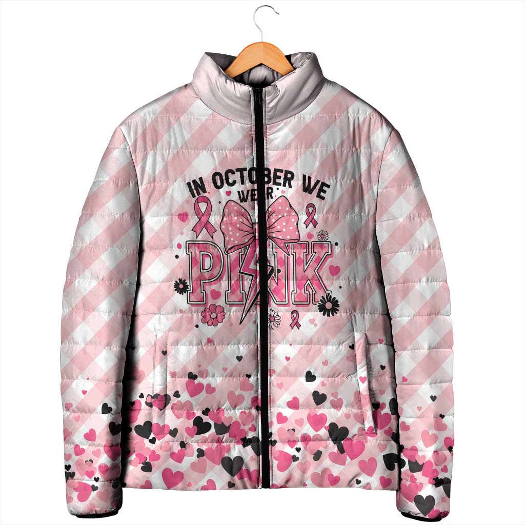 Personalized In October We Wear Pink Padded Jacket Pink Pretty Bow Pastel Gingham - Wonder Print Shop