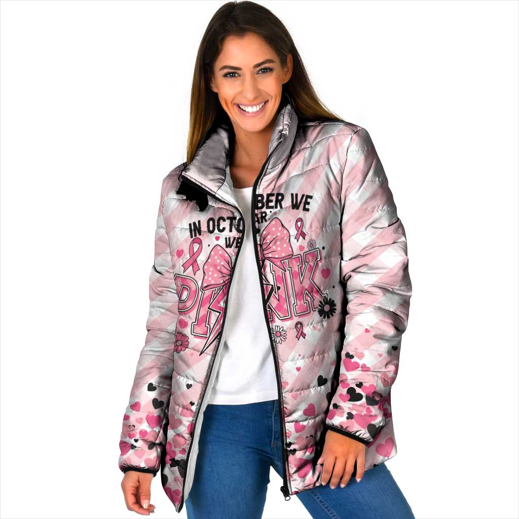 Personalized In October We Wear Pink Padded Jacket Pink Pretty Bow Pastel Gingham - Wonder Print Shop