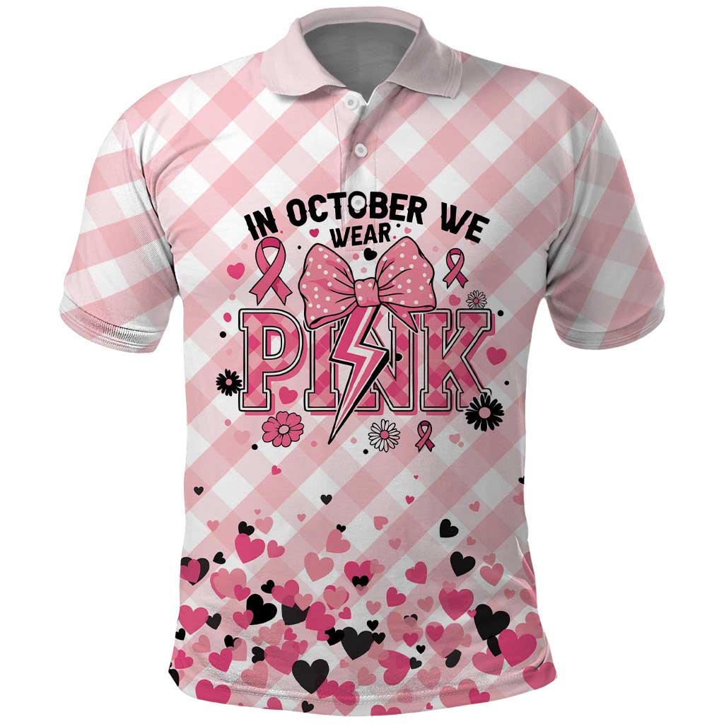 Personalized In October We Wear Pink Polo Shirt Pink Pretty Bow Pastel Gingham - Wonder Print Shop