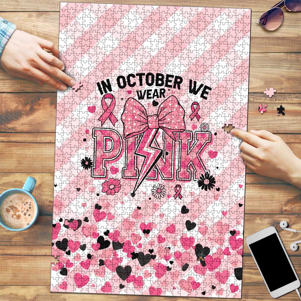 In October We Wear Pink Puzzle Pink Pretty Bow Pastel Gingham - Wonder Print Shop