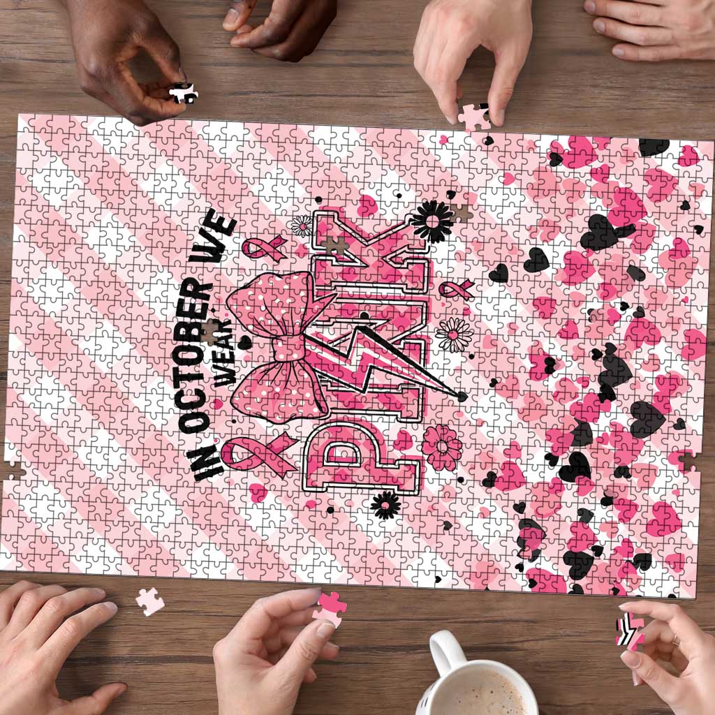 In October We Wear Pink Puzzle Pink Pretty Bow Pastel Gingham - Wonder Print Shop
