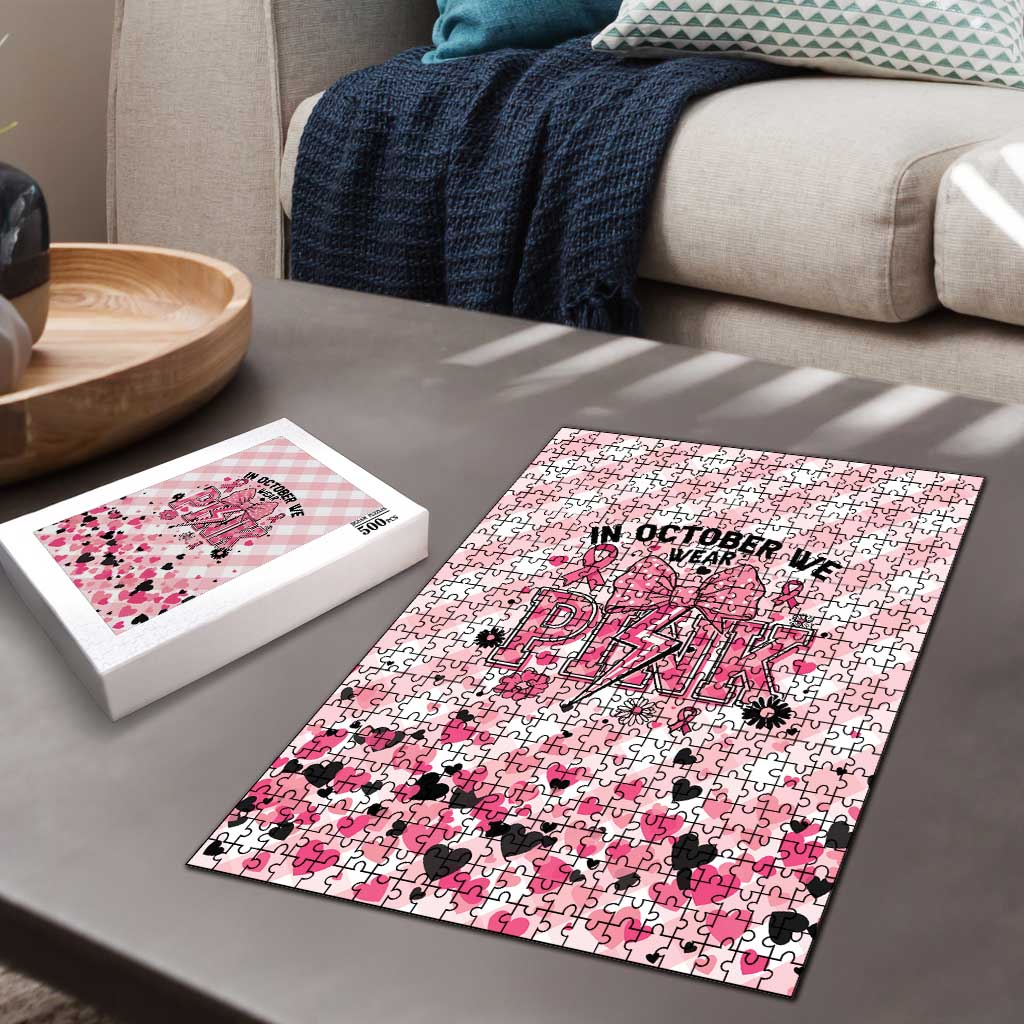 In October We Wear Pink Puzzle Pink Pretty Bow Pastel Gingham - Wonder Print Shop