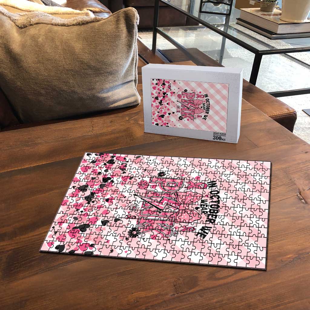 In October We Wear Pink Puzzle Pink Pretty Bow Pastel Gingham - Wonder Print Shop