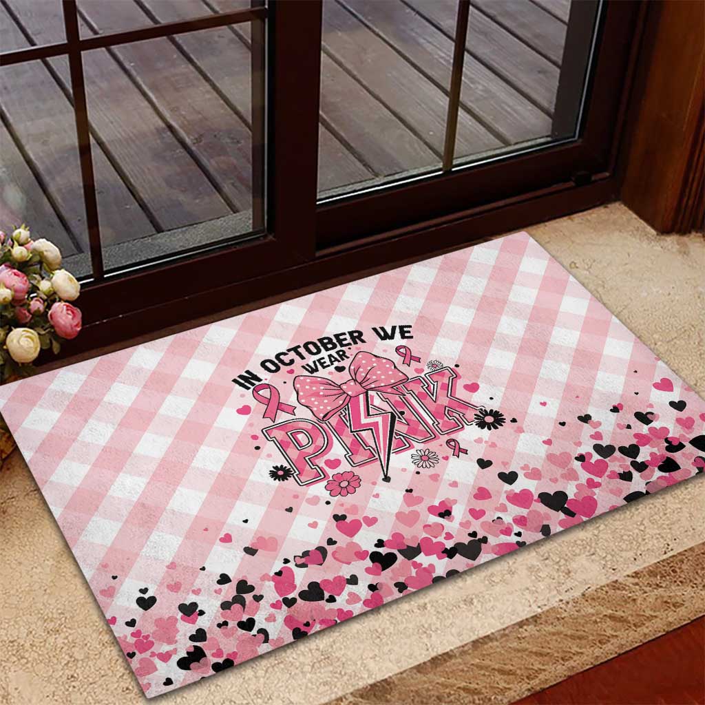 In October We Wear Pink Rubber Doormat Pink Pretty Bow Pastel Gingham - Wonder Print Shop