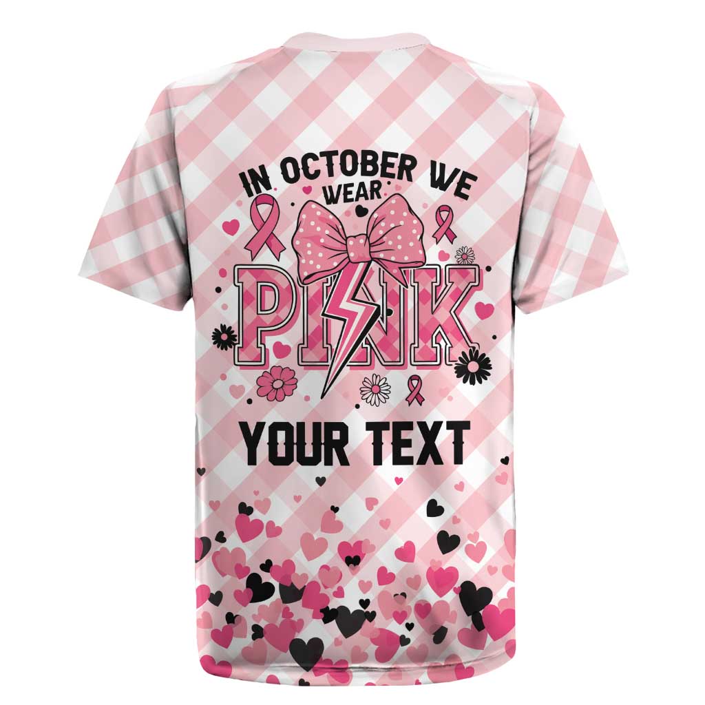 Personalized In October We Wear Pink Rugby Jersey Pink Pretty Bow Pastel Gingham - Wonder Print Shop