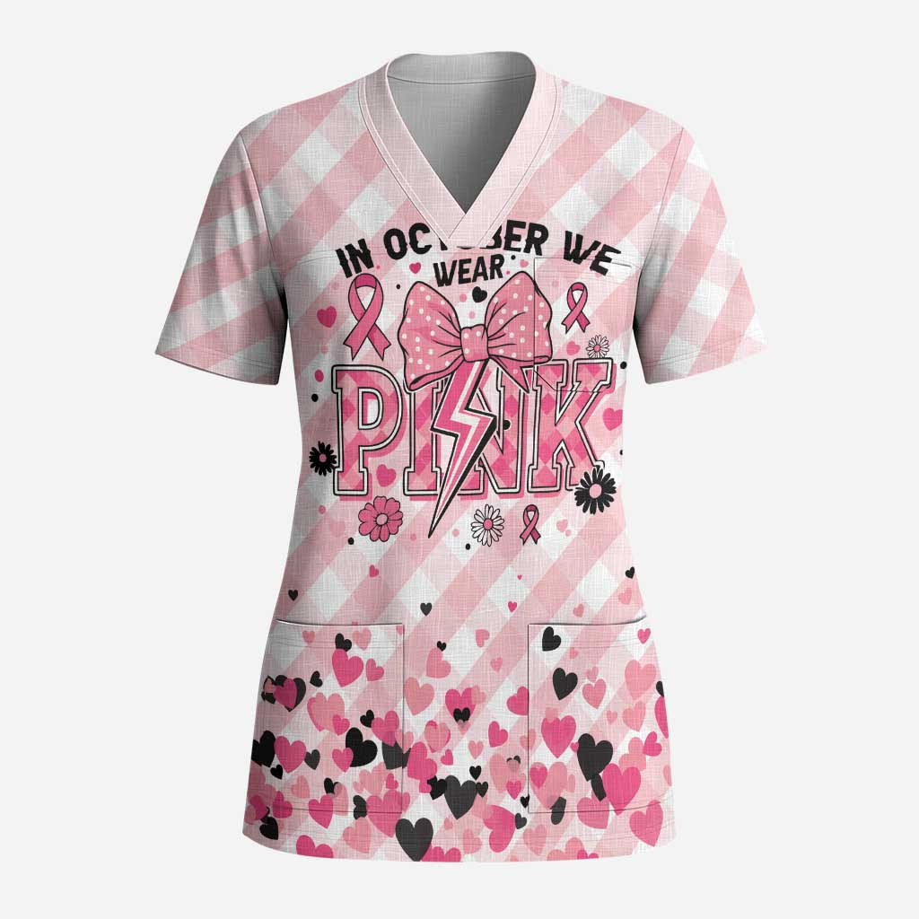 Personalized In October We Wear Pink Scrub Top Pink Pretty Bow Pastel Gingham - Wonder Print Shop