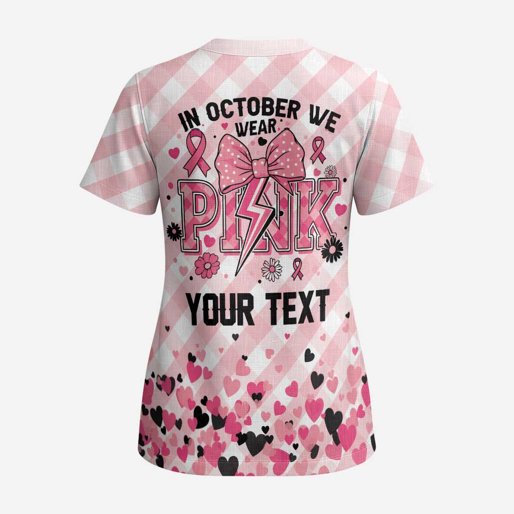 Personalized In October We Wear Pink Scrub Top Pink Pretty Bow Pastel Gingham - Wonder Print Shop