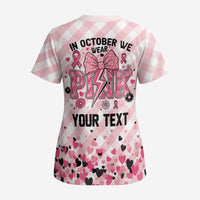 Personalized In October We Wear Pink Scrub Top Pink Pretty Bow Pastel Gingham - Wonder Print Shop