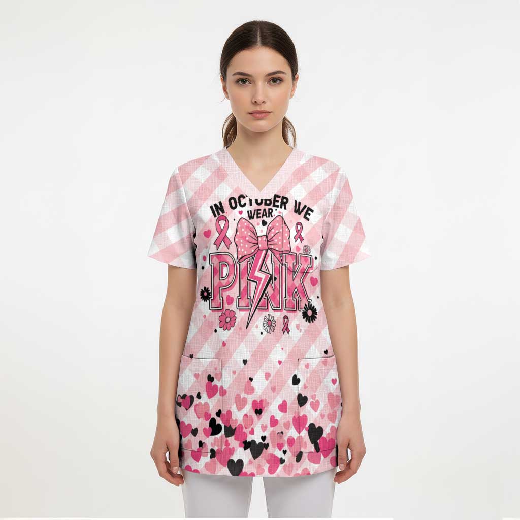 Personalized In October We Wear Pink Scrub Top Pink Pretty Bow Pastel Gingham - Wonder Print Shop