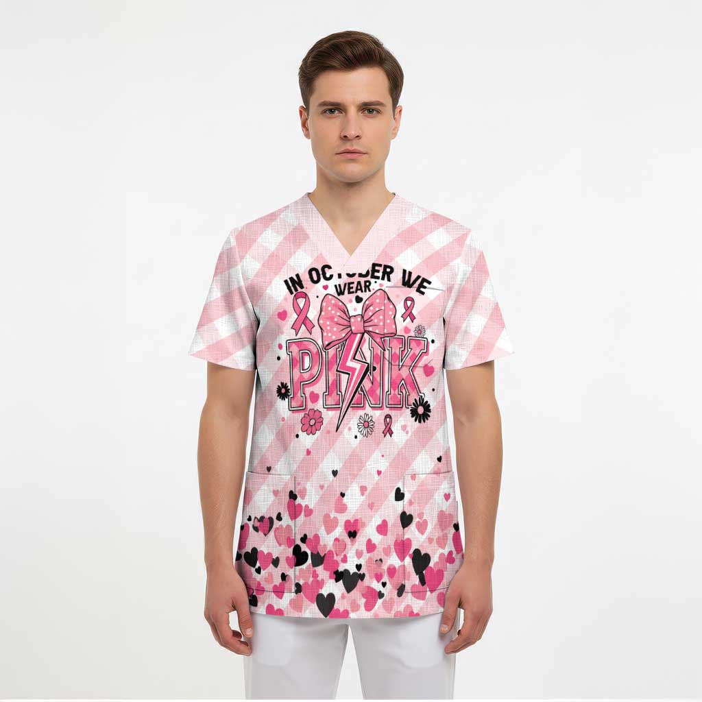 Personalized In October We Wear Pink Scrub Top Pink Pretty Bow Pastel Gingham - Wonder Print Shop