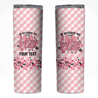 Personalized In October We Wear Pink Skinny Tumbler Pink Pretty Bow Pastel Gingham - Wonder Print Shop