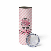 Personalized In October We Wear Pink Skinny Tumbler Pink Pretty Bow Pastel Gingham - Wonder Print Shop