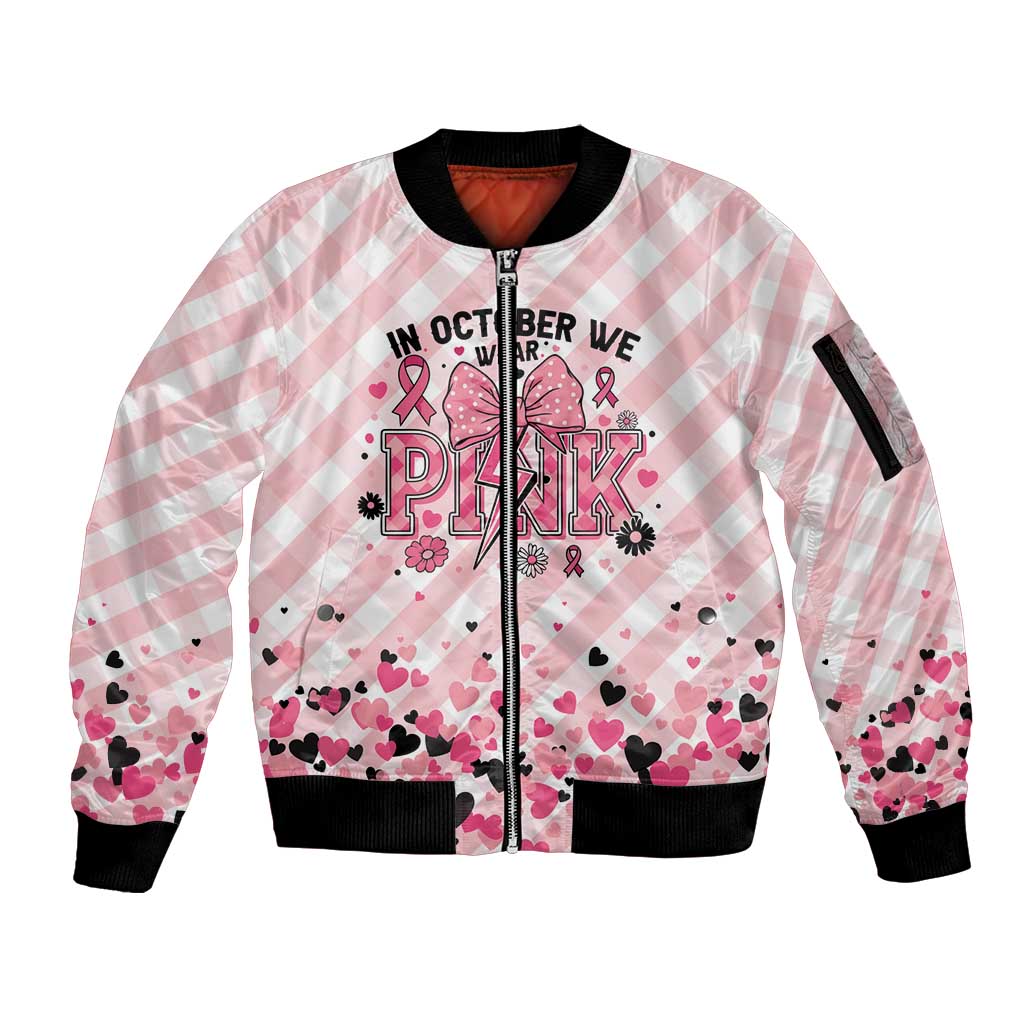 Personalized In October We Wear Pink Sleeve Zip Bomber Jacket Pink Pretty Bow Pastel Gingham - Wonder Print Shop