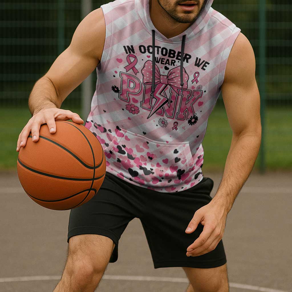 Personalized In October We Wear Pink Sleeveless Hoodie Pink Pretty Bow Pastel Gingham - Wonder Print Shop