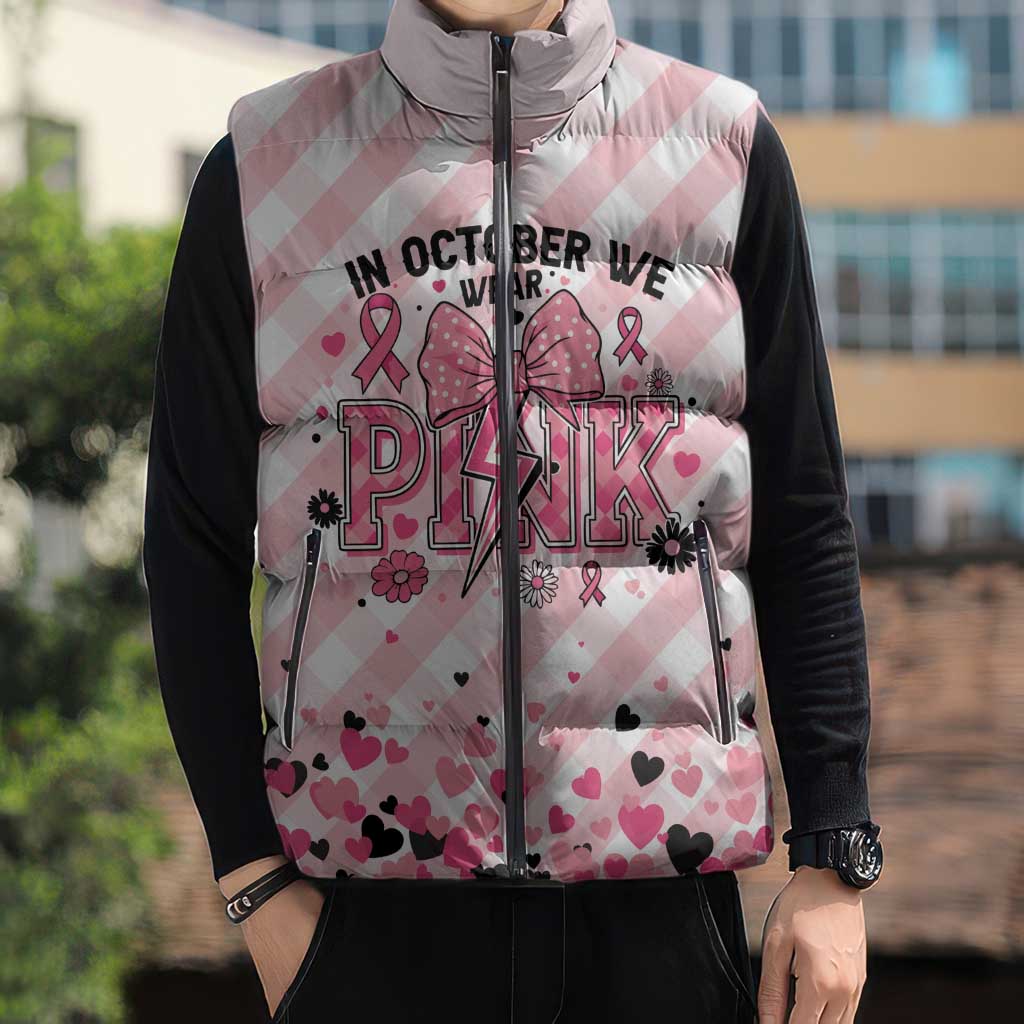 Personalized In October We Wear Pink Sleeveless Puffer Jacket Pink Pretty Bow Pastel Gingham - Wonder Print Shop