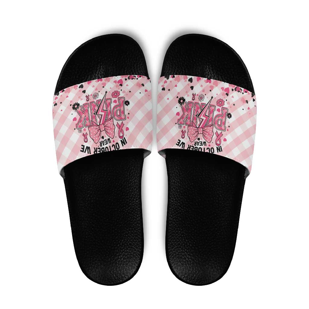 In October We Wear Pink Slide Sandals Pink Pretty Bow Pastel Gingham - Wonder Print Shop