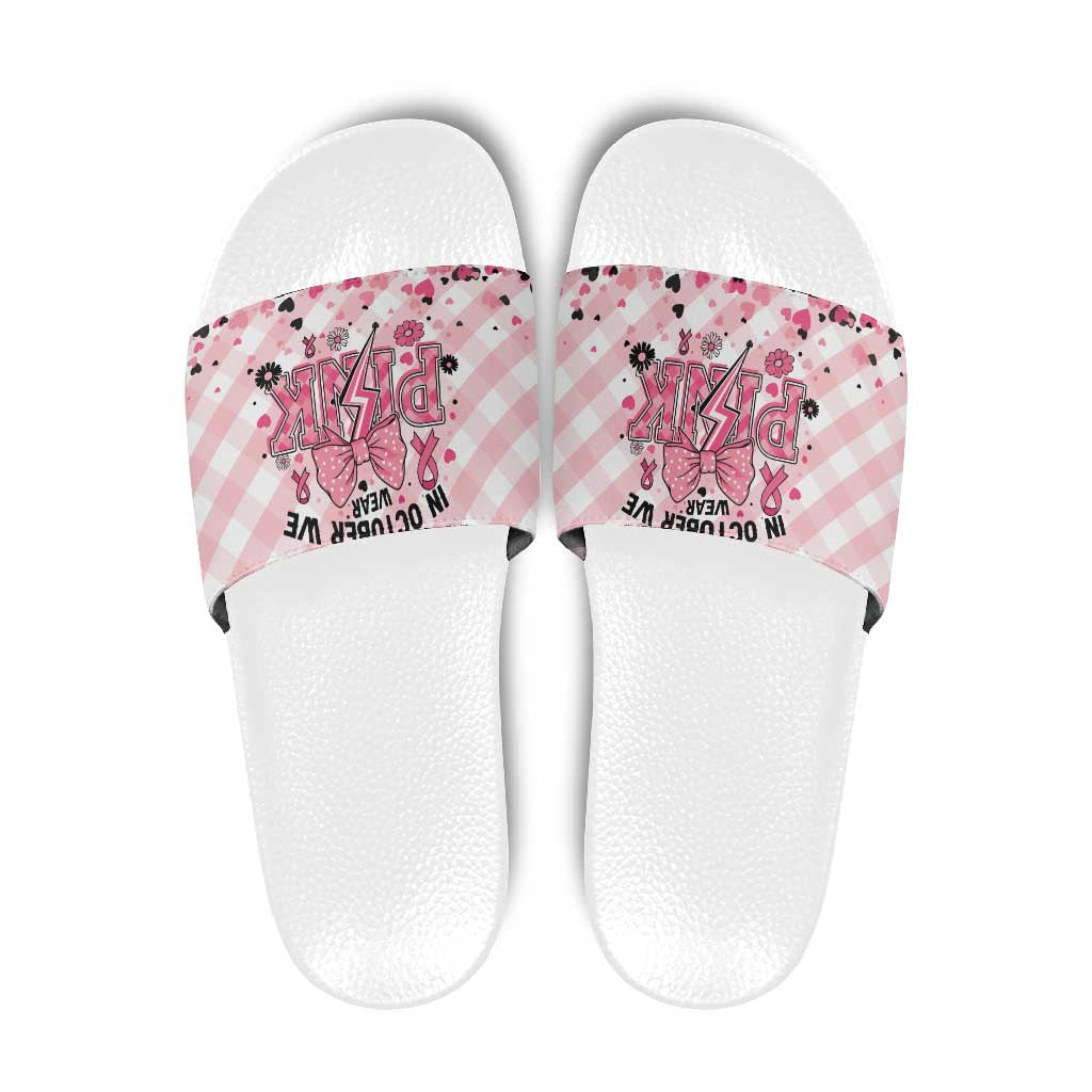 In October We Wear Pink Slide Sandals Pink Pretty Bow Pastel Gingham - Wonder Print Shop