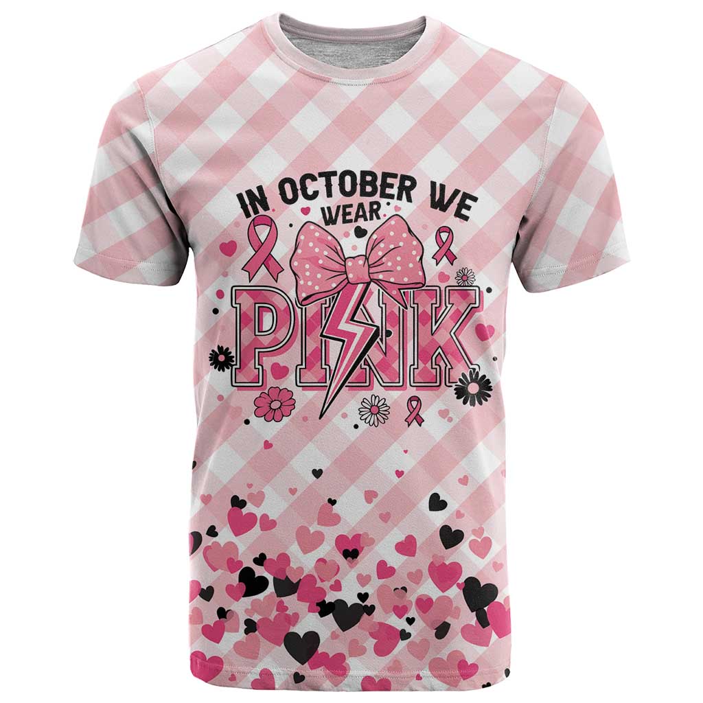 Personalized In October We Wear Pink T Shirt Pink Pretty Bow Pastel Gingham - Wonder Print Shop