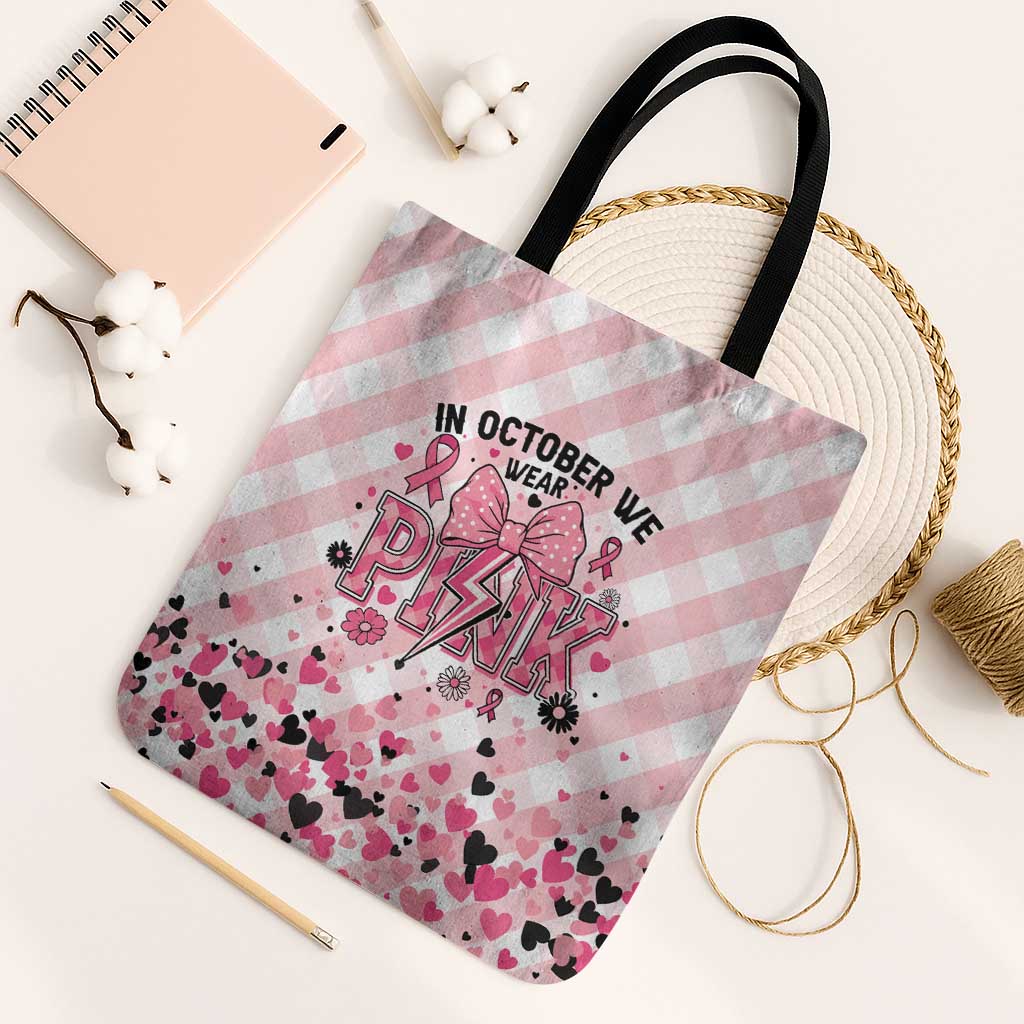 In October We Wear Pink Tote Bag Pink Pretty Bow Pastel Gingham - Wonder Print Shop