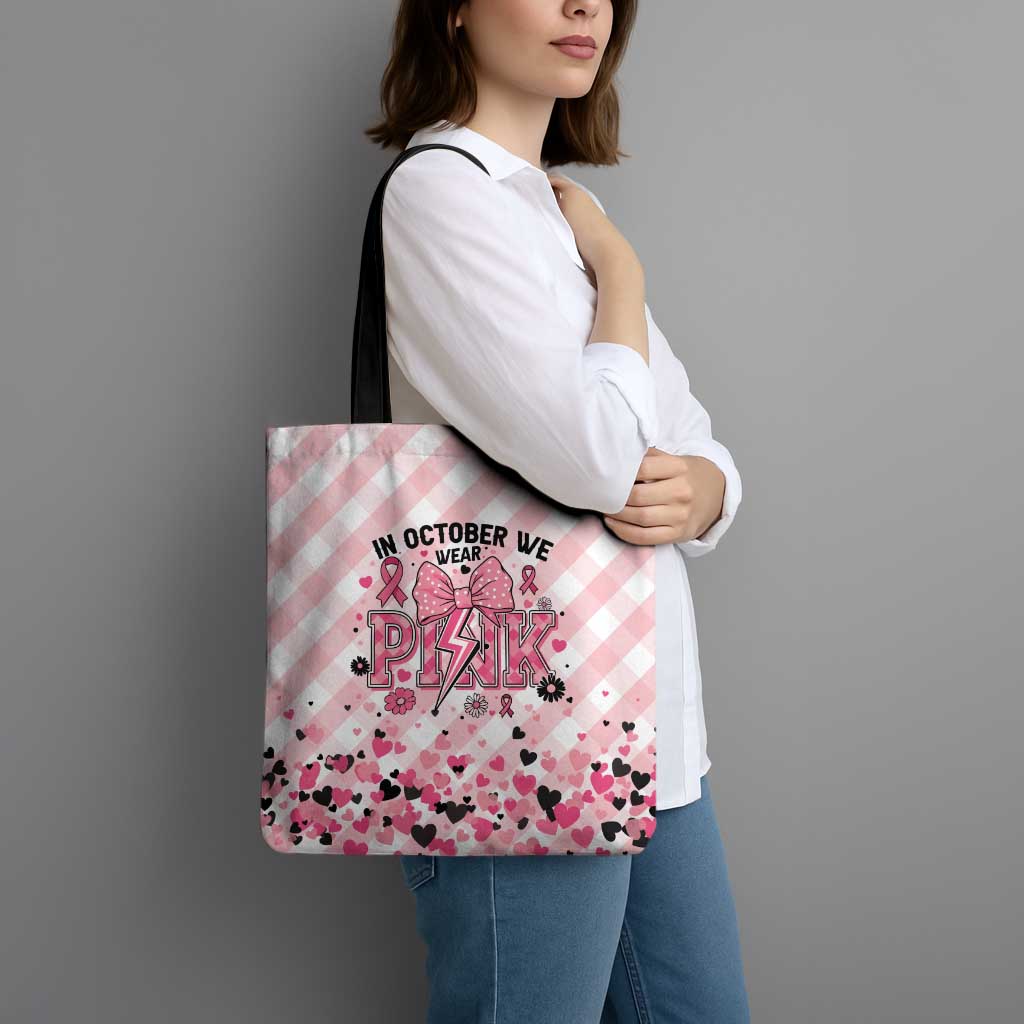 In October We Wear Pink Tote Bag Pink Pretty Bow Pastel Gingham - Wonder Print Shop