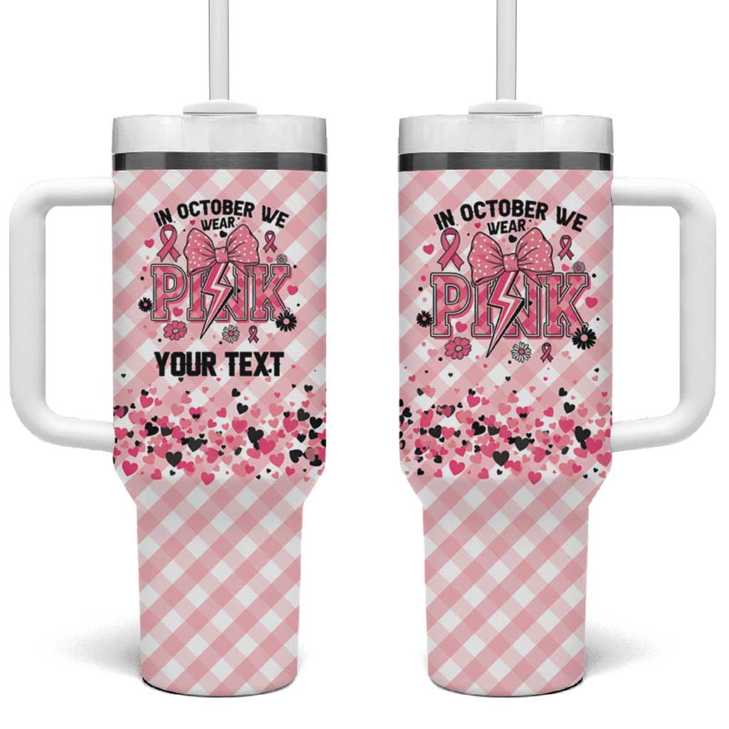 Personalized In October We Wear Pink Tumbler With Handle Pink Pretty Bow Pastel Gingham - Wonder Print Shop