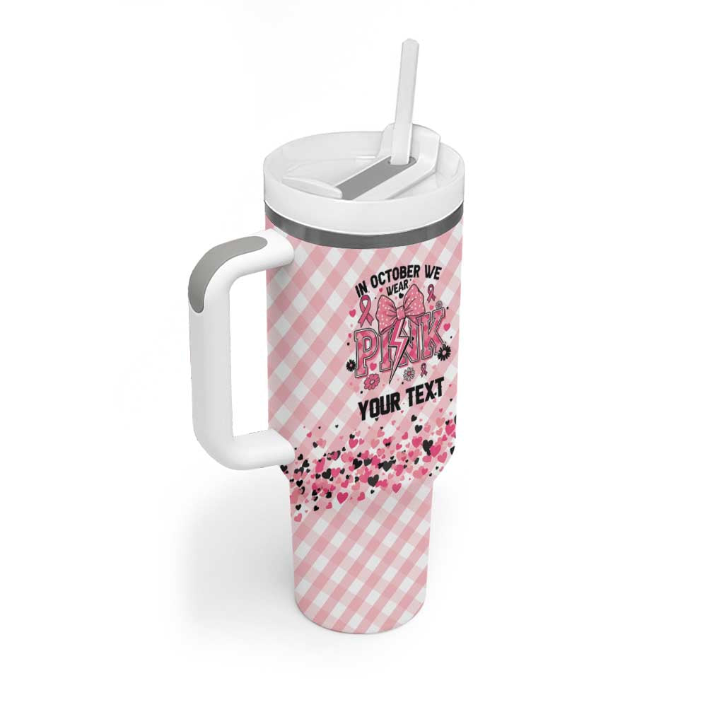 Personalized In October We Wear Pink Tumbler With Handle Pink Pretty Bow Pastel Gingham - Wonder Print Shop