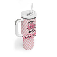 Personalized In October We Wear Pink Tumbler With Handle Pink Pretty Bow Pastel Gingham - Wonder Print Shop