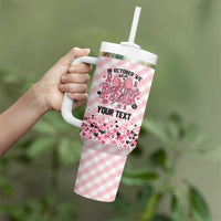 Personalized In October We Wear Pink Tumbler With Handle Pink Pretty Bow Pastel Gingham - Wonder Print Shop