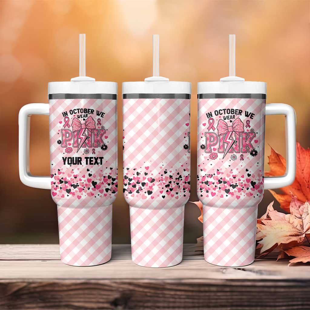 Personalized In October We Wear Pink Tumbler With Handle Pink Pretty Bow Pastel Gingham - Wonder Print Shop