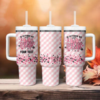 Personalized In October We Wear Pink Tumbler With Handle Pink Pretty Bow Pastel Gingham - Wonder Print Shop