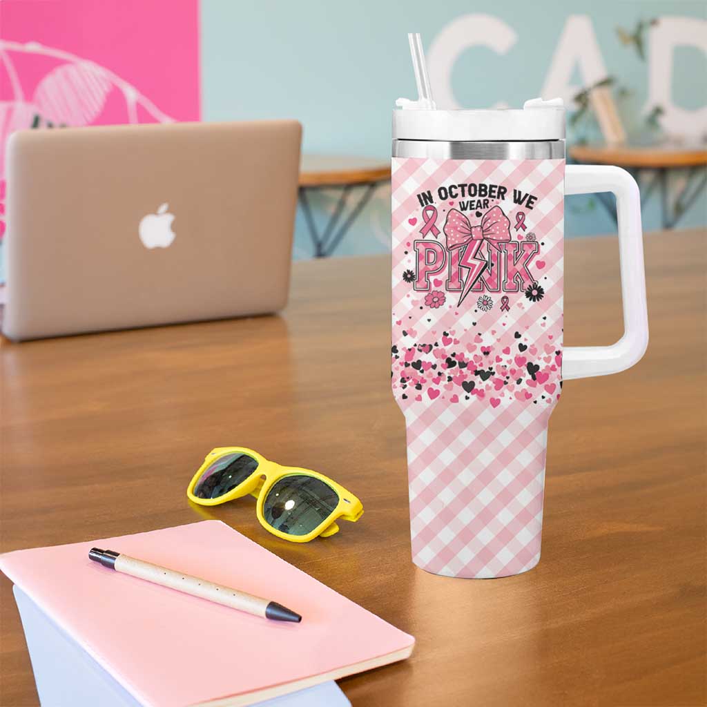 Personalized In October We Wear Pink Tumbler With Handle Pink Pretty Bow Pastel Gingham - Wonder Print Shop