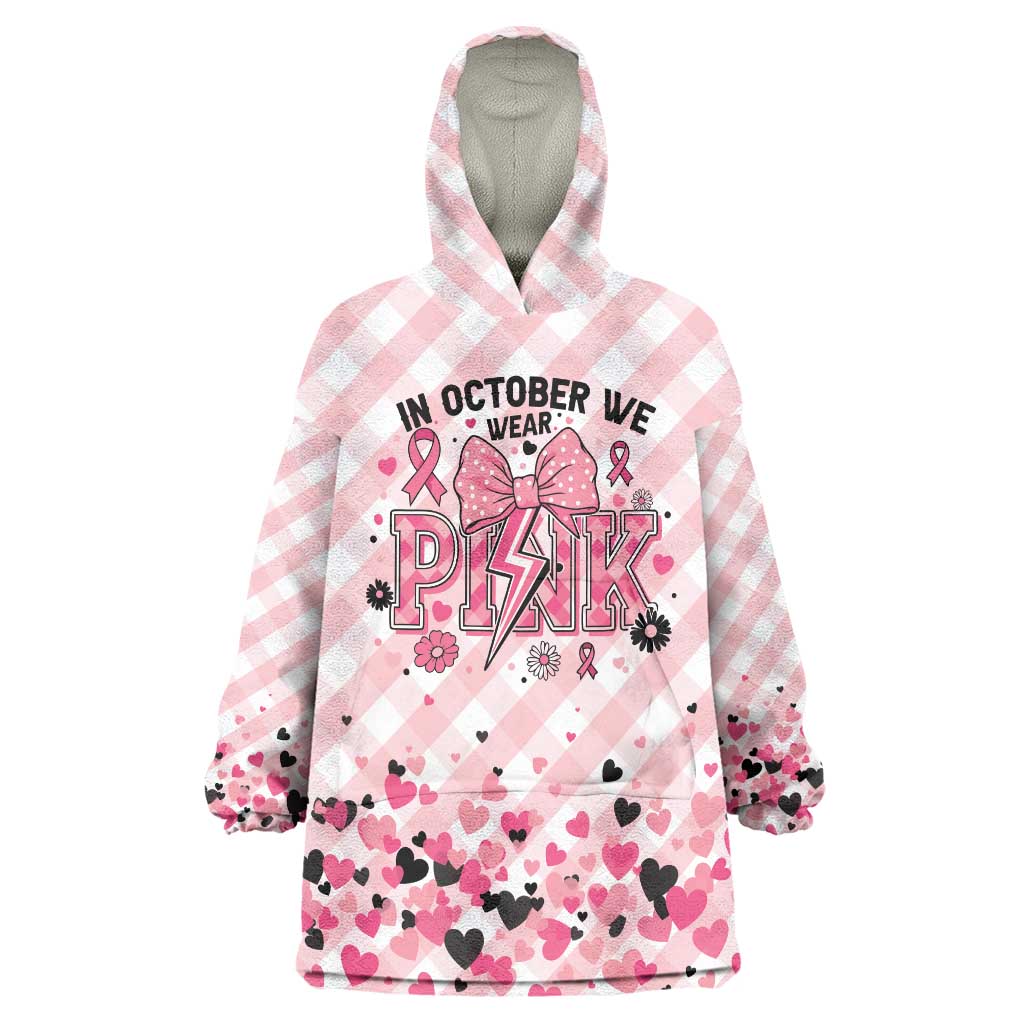 Personalized In October We Wear Pink Wearable Blanket Hoodie Pink Pretty Bow Pastel Gingham - Wonder Print Shop