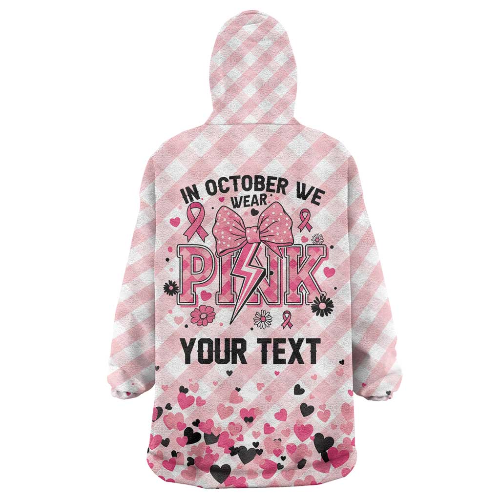 Personalized In October We Wear Pink Wearable Blanket Hoodie Pink Pretty Bow Pastel Gingham - Wonder Print Shop