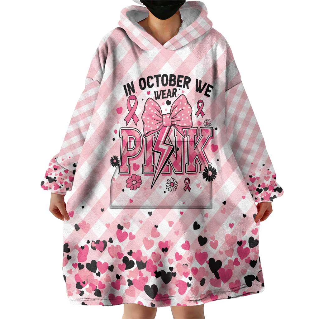 Personalized In October We Wear Pink Wearable Blanket Hoodie Pink Pretty Bow Pastel Gingham - Wonder Print Shop