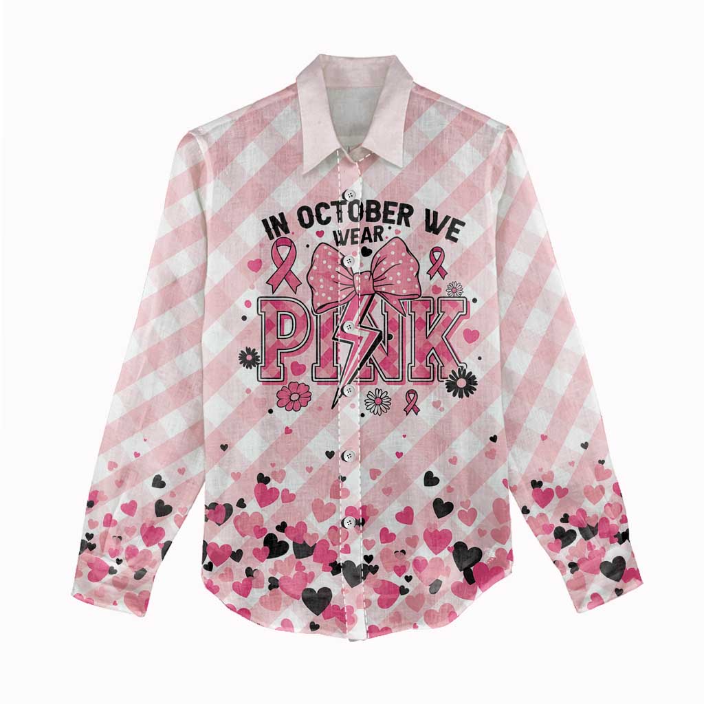 Personalized In October We Wear Pink Women Casual Shirt Pink Pretty Bow Pastel Gingham - Wonder Print Shop