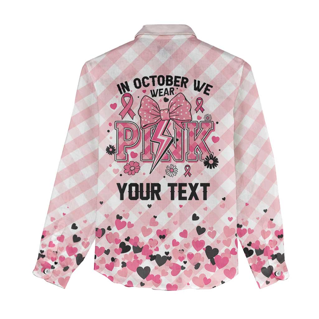 Personalized In October We Wear Pink Women Casual Shirt Pink Pretty Bow Pastel Gingham - Wonder Print Shop