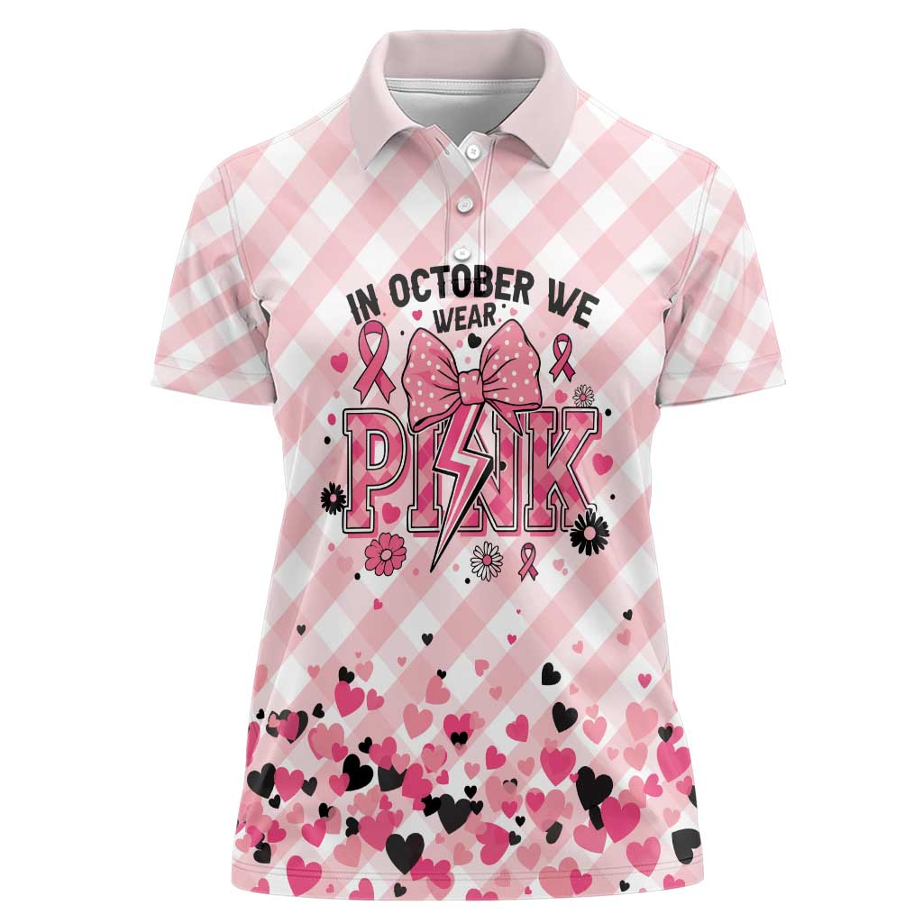 Personalized In October We Wear Pink Women Polo Shirt Pink Pretty Bow Pastel Gingham - Wonder Print Shop