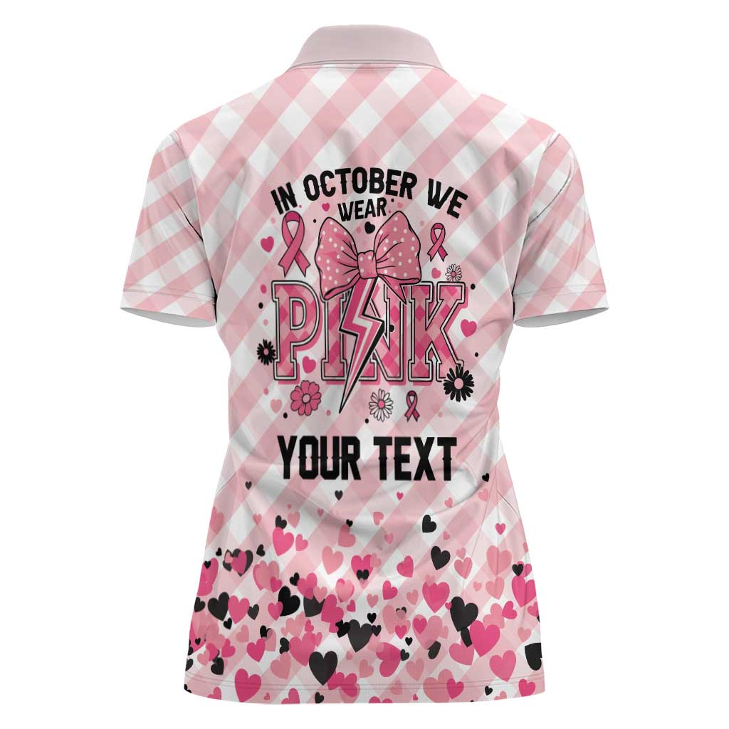 Personalized In October We Wear Pink Women Polo Shirt Pink Pretty Bow Pastel Gingham - Wonder Print Shop