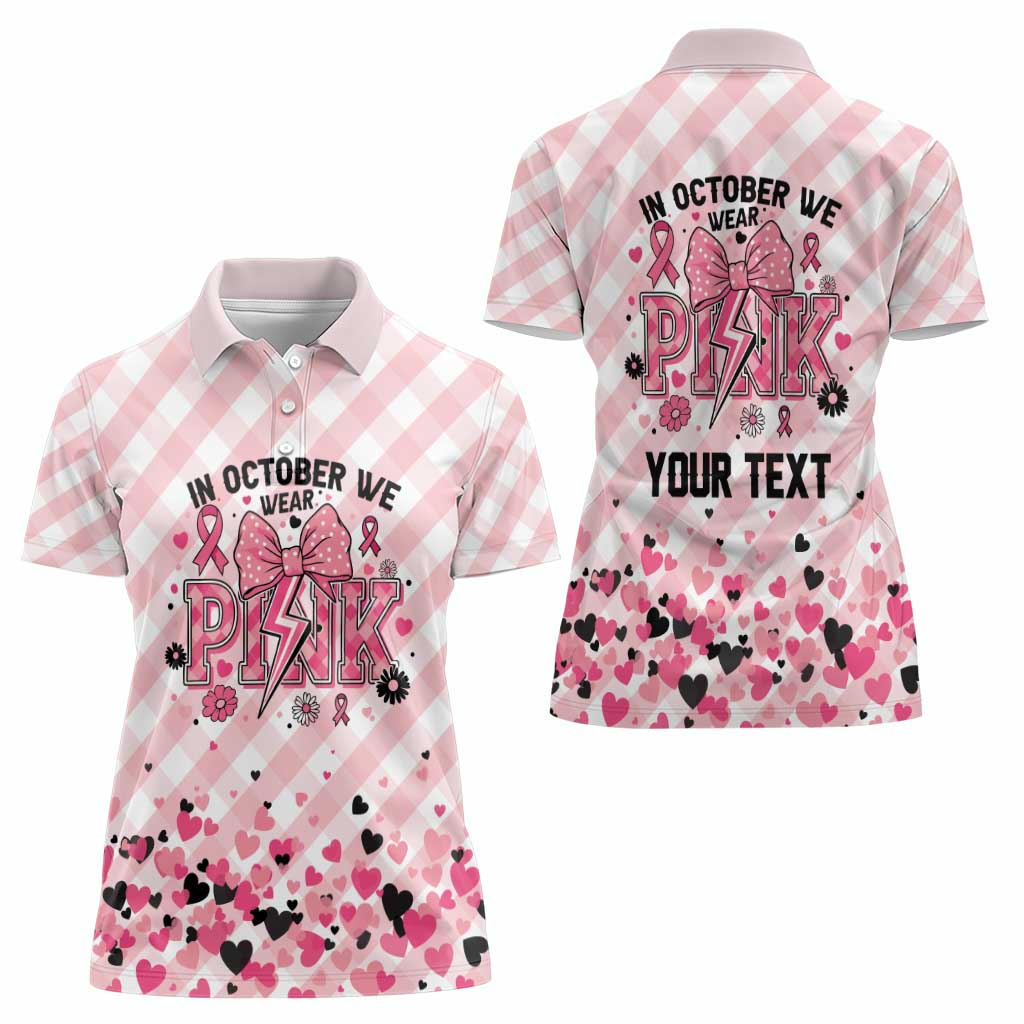 Personalized In October We Wear Pink Women Polo Shirt Pink Pretty Bow Pastel Gingham - Wonder Print Shop