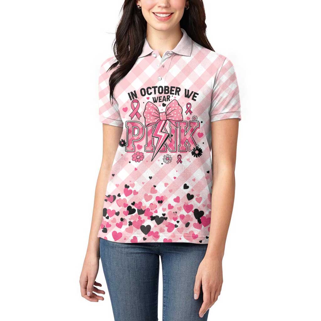Personalized In October We Wear Pink Women Polo Shirt Pink Pretty Bow Pastel Gingham - Wonder Print Shop