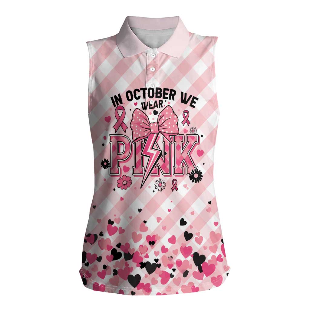 Personalized In October We Wear Pink Women Sleeveless Polo Shirt Pink Pretty Bow Pastel Gingham - Wonder Print Shop