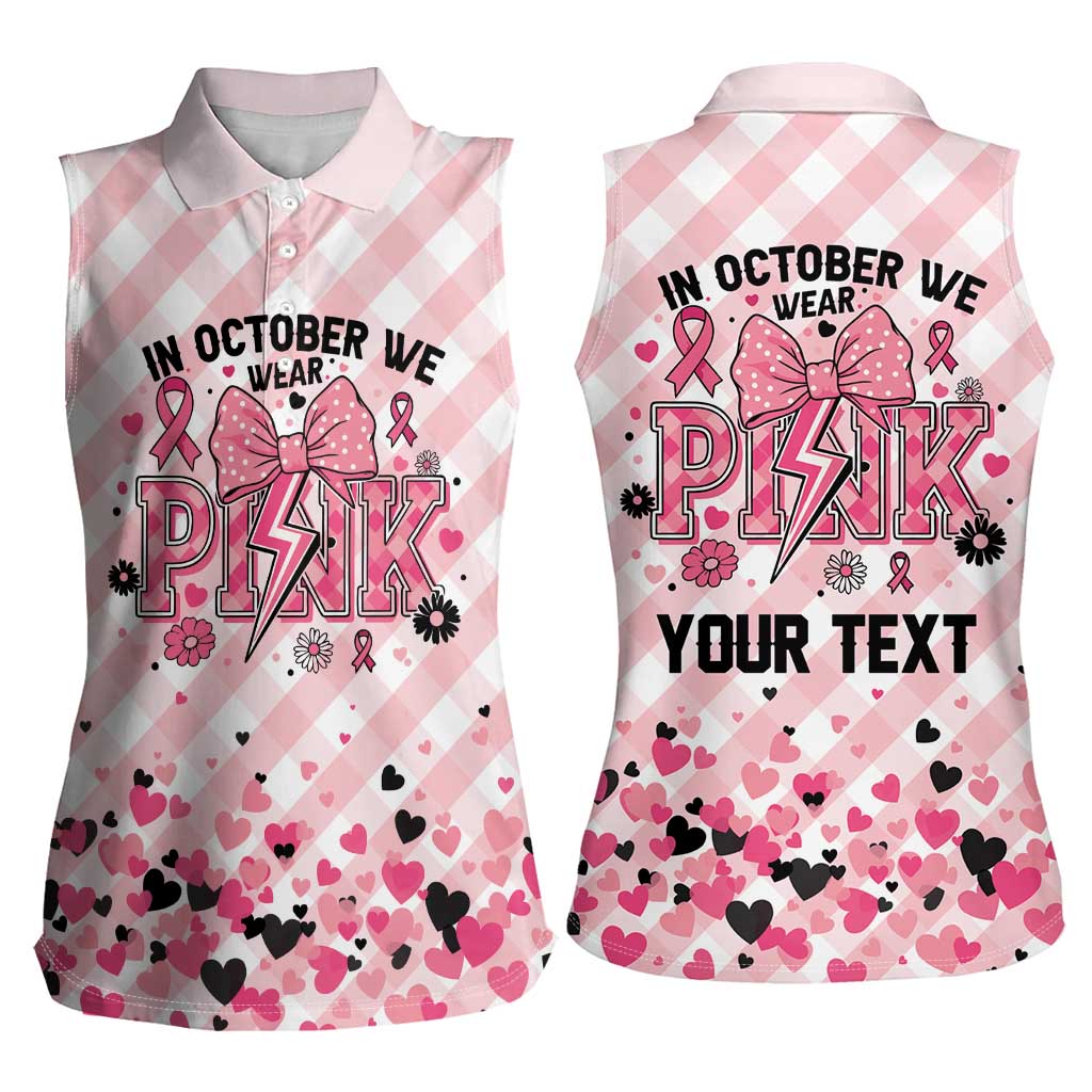 Personalized In October We Wear Pink Women Sleeveless Polo Shirt Pink Pretty Bow Pastel Gingham - Wonder Print Shop