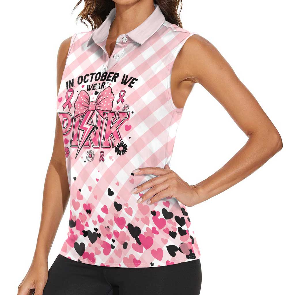 Personalized In October We Wear Pink Women Sleeveless Polo Shirt Pink Pretty Bow Pastel Gingham - Wonder Print Shop