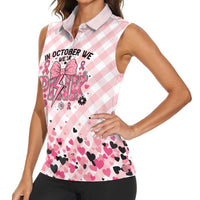 Personalized In October We Wear Pink Women Sleeveless Polo Shirt Pink Pretty Bow Pastel Gingham - Wonder Print Shop