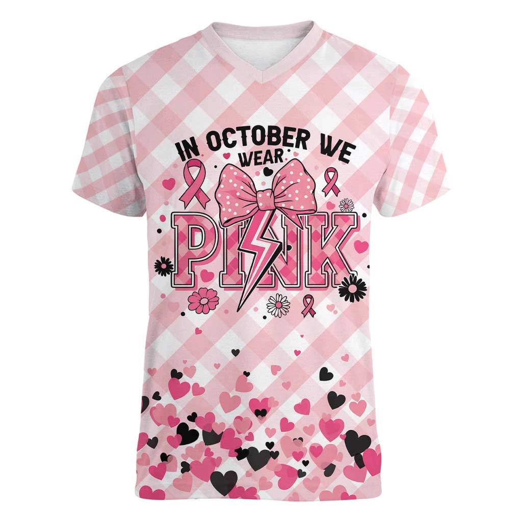 Personalized In October We Wear Pink Women V-Neck T-Shirt Pink Pretty Bow Pastel Gingham - Wonder Print Shop