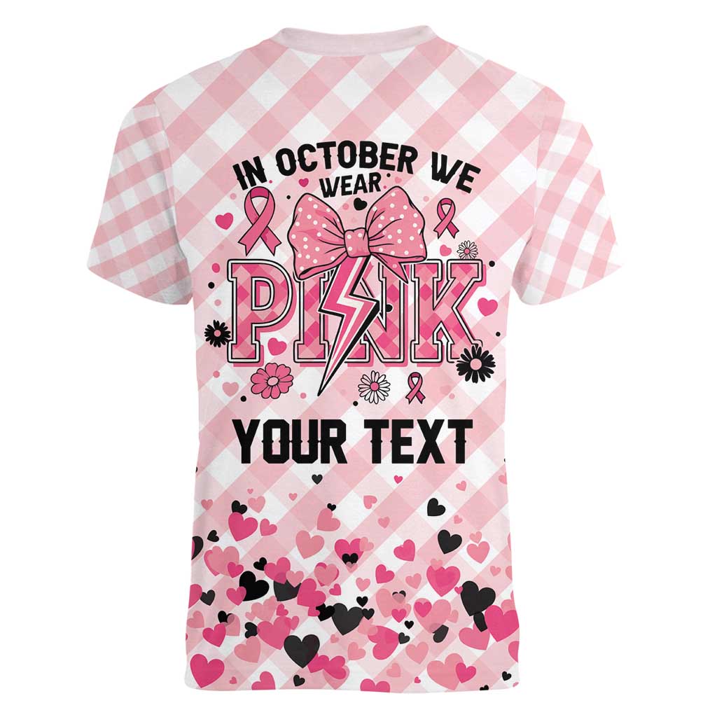 Personalized In October We Wear Pink Women V-Neck T-Shirt Pink Pretty Bow Pastel Gingham - Wonder Print Shop